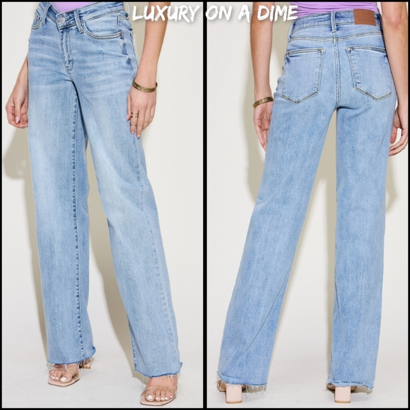 Judy Blue Mid-Rise V-Waist Distressed Denim Straight Leg Raw Hem Mom Jean Pants - Picture 3 of 11